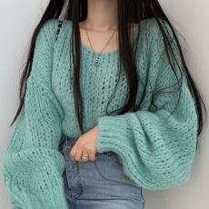 批发春秋新款慵懒风外穿针织T恤灯笼袖毛针织上衣<b class='q'>女</b>学生设计感<b class='q'>打底衫</b>