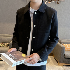 批发2023新款秋冬毛呢夹克男修身韩版帅气翻领上衣纯色简约休闲外套潮