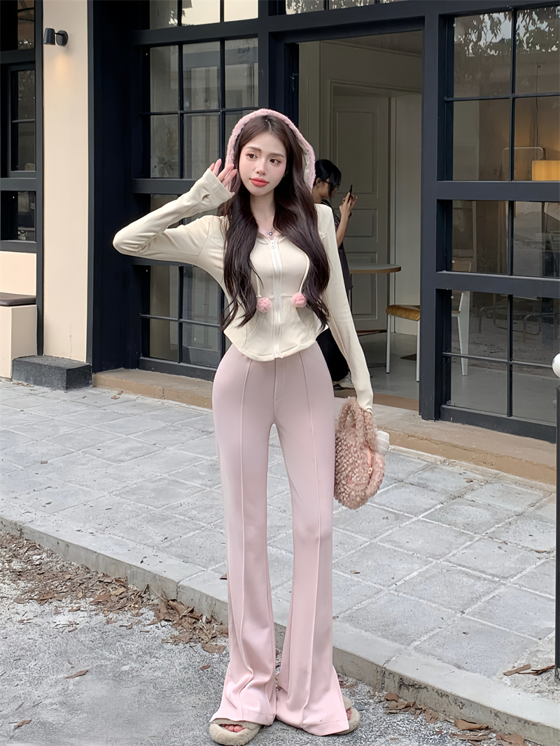 Real shot of fur ball hooded zipper slimming cardigan + high-waisted pink bell-bottoms age-reducing autumn and winter suit for women