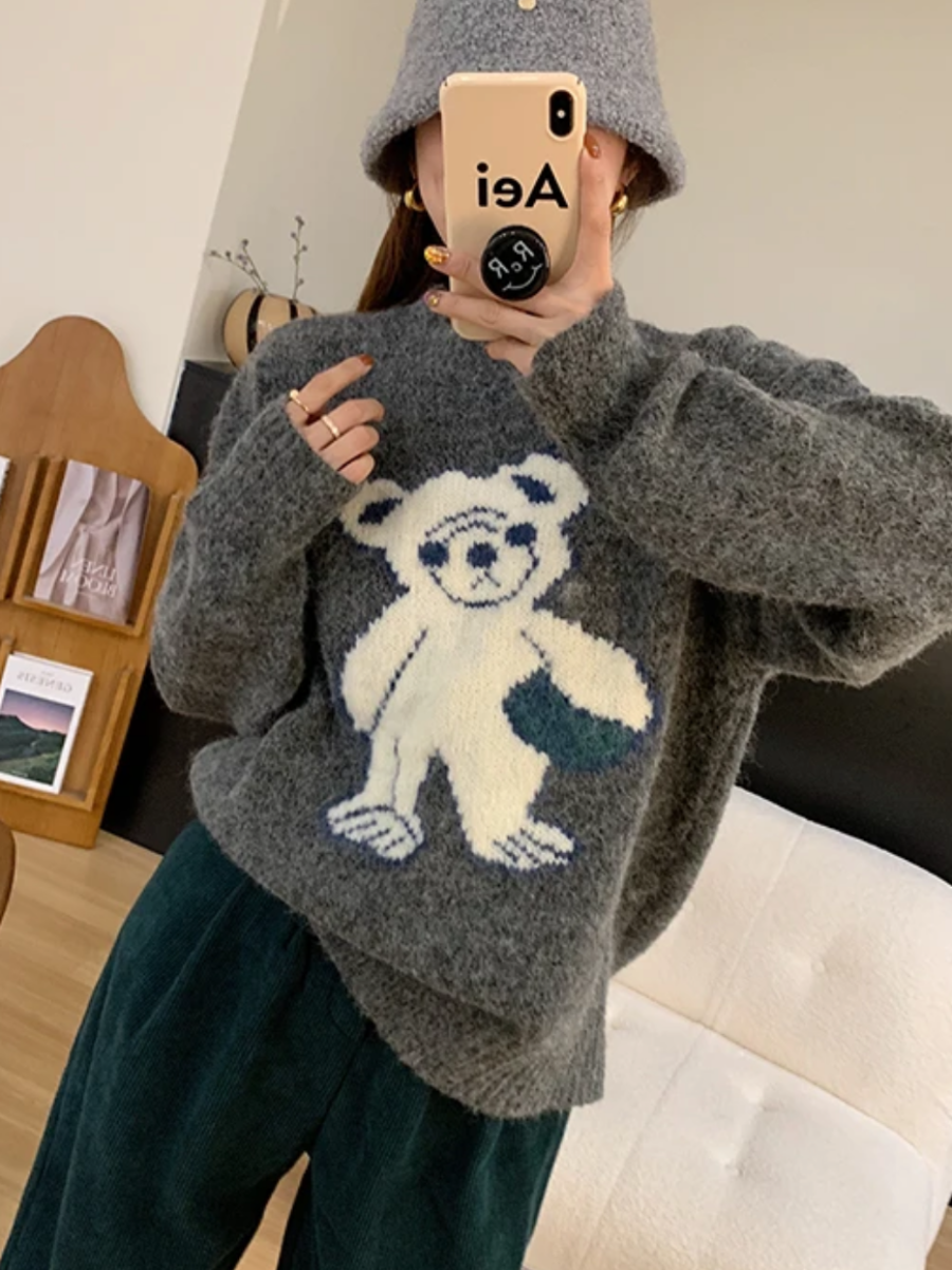 秋冬女裝時尚減齡撞色卡通小熊毛衣休閒寬鬆圓領套頭長袖針織上衣