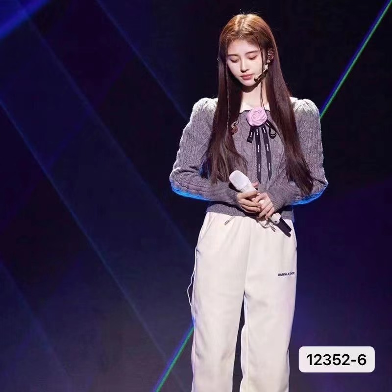 鞠婧禕同款甜美重工麻花娃娃領灰色毛衣泡泡袖針織衫上衣