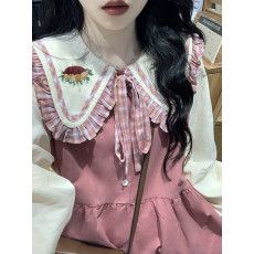 批发实拍娃娃领刺绣拼格子荷叶边<b class='q'>棉布</b><b class='q'>连衣裙</b>女森系拼接假两件学院