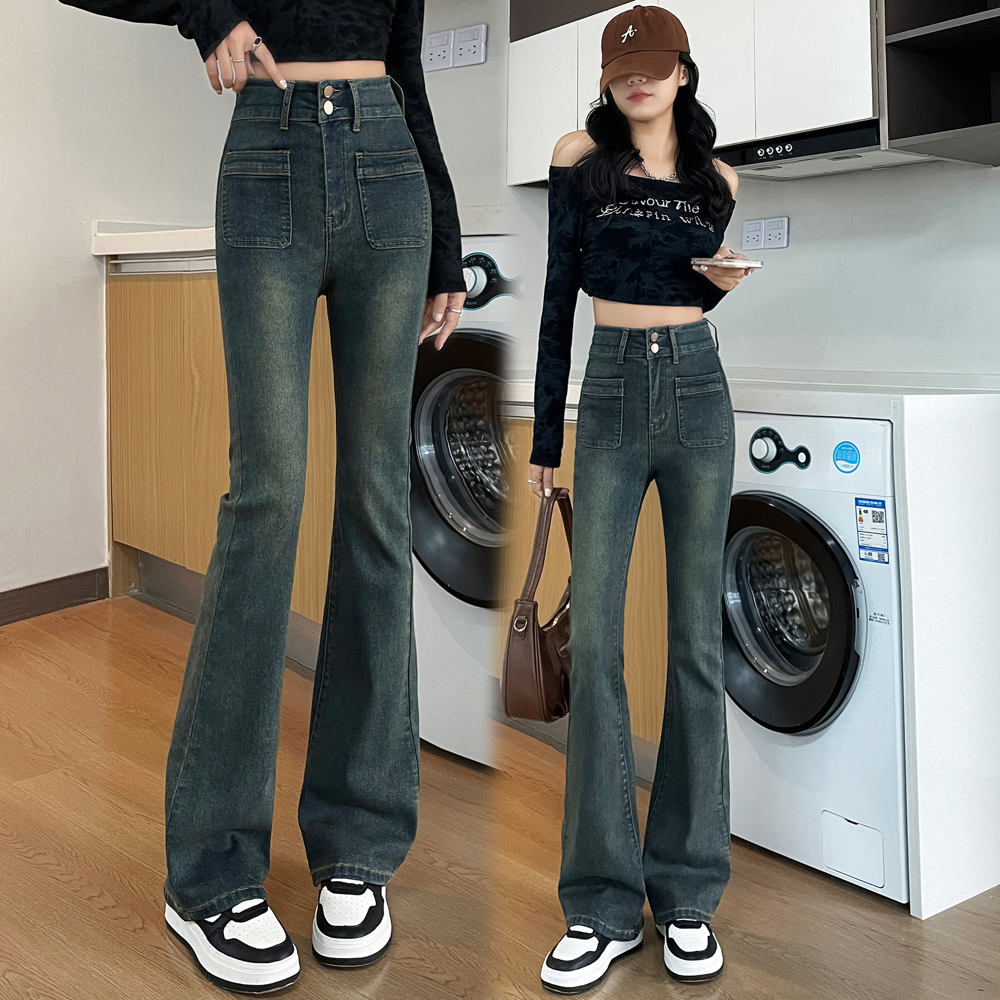 실사 2026 봄 레트로 블루 신축성 청바지 여성 하이웨이스트 패션 부츠컷 바지 디스플레이 높음 슬림해 보이는 나팔 바지