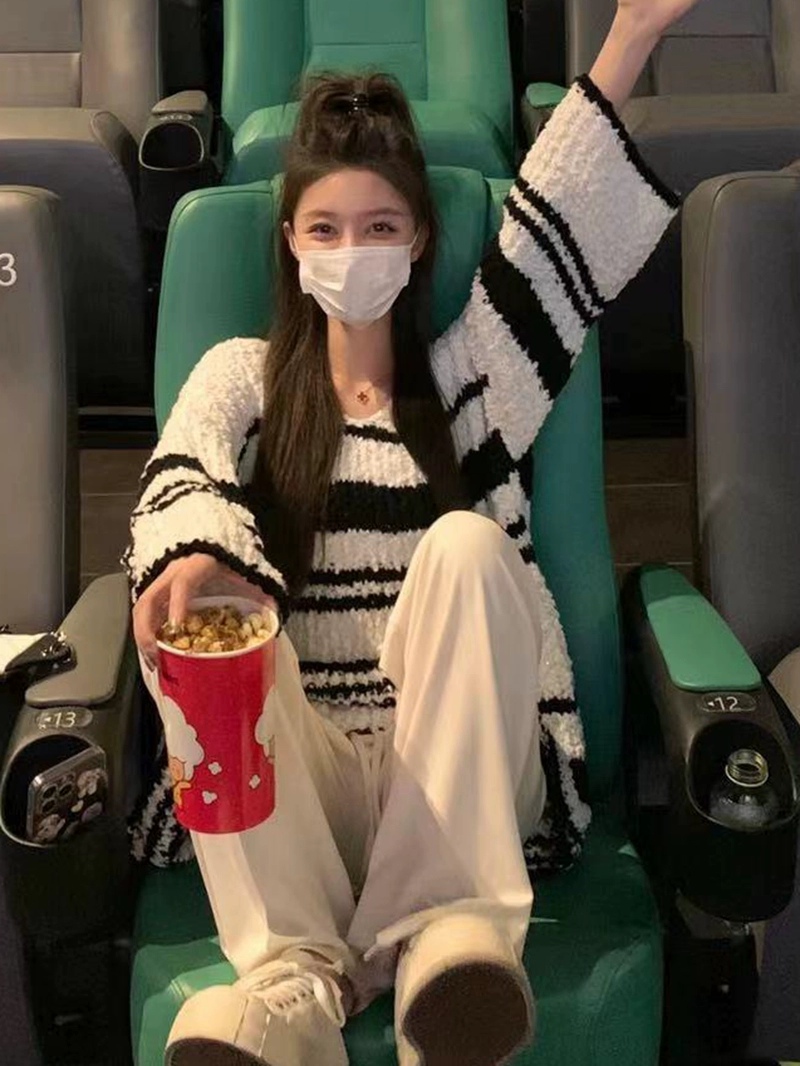 韓式慵懶撞色設計感條紋針織毛衣女秋季新款寬鬆百搭休閒上衣