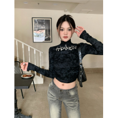 实拍实价 加绒设计感印花半高领短款收腰长袖上衣