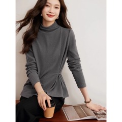 Warm and versatile buttoned waist bottoming shirt 2024 spring new asymmetrical slit knitted sweater