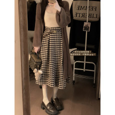批发实拍~秋冬新款高腰显瘦A字半身裙中长款毛呢格纹裙子