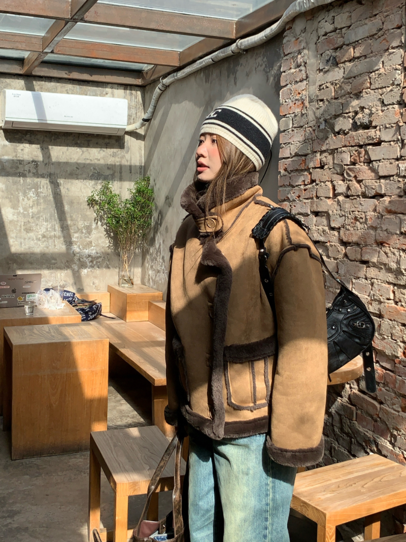 實拍加厚保暖棕色仿羊羔毛麂皮棉服口袋外套