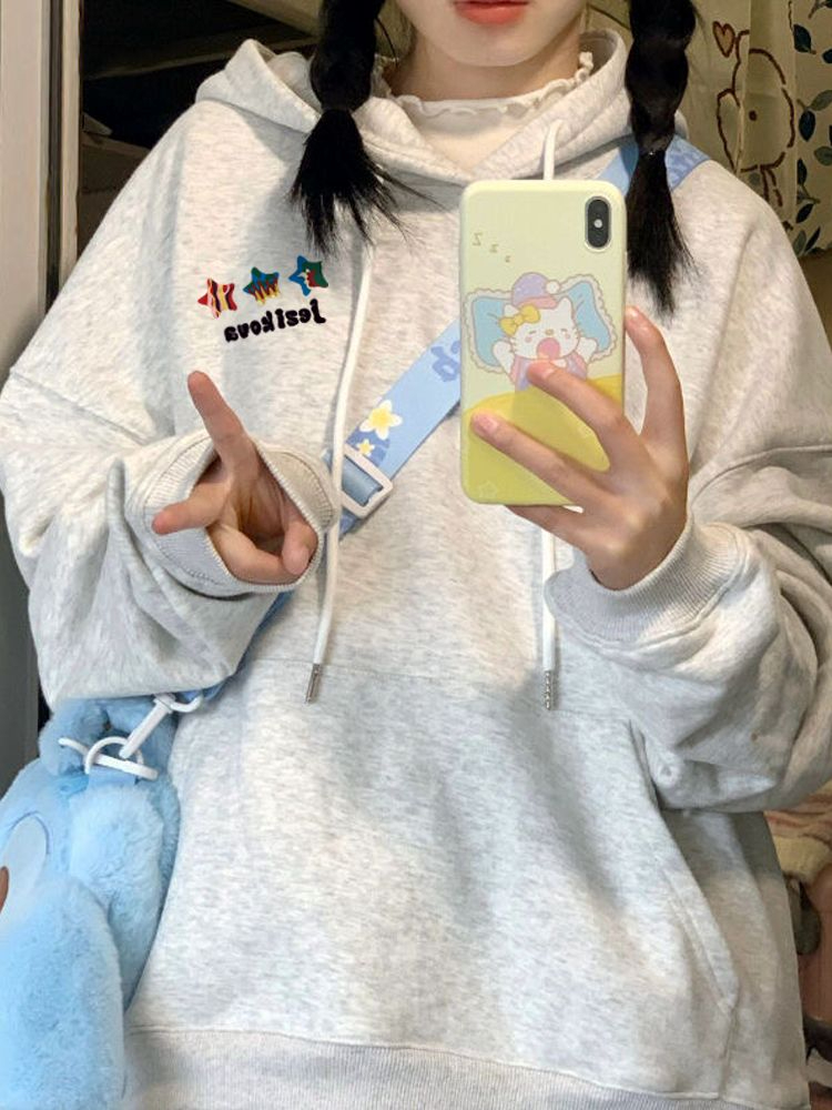 防棉華棉複合銀狐絨400克美式街頭星星印花連帽衛衣女寬鬆國潮