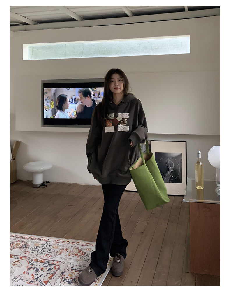 新款設計感小眾M字連帽衛衣女秋冬加絨加厚寬鬆美式帽衫潮