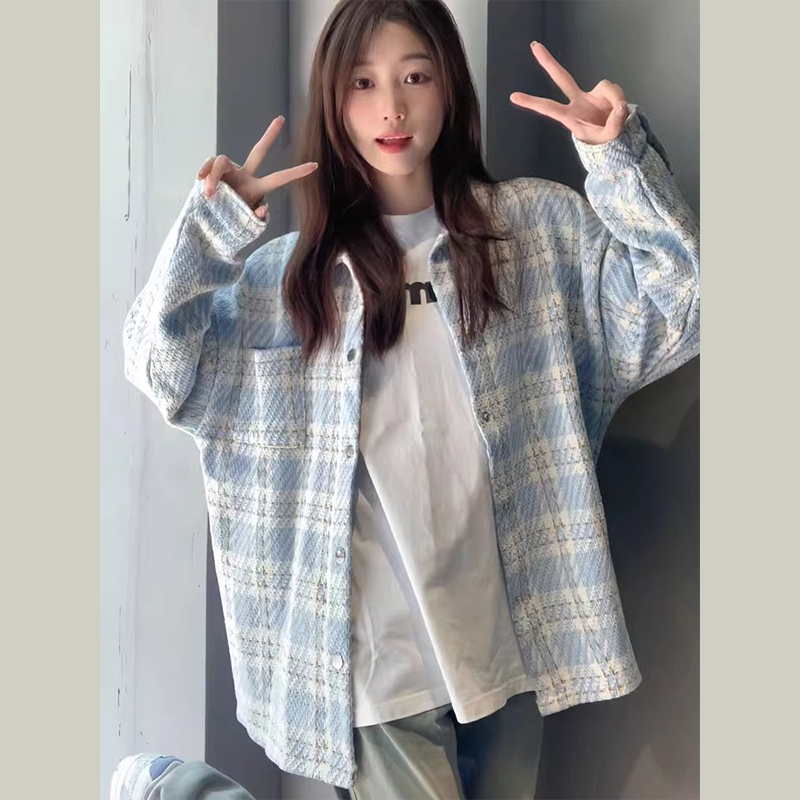 Xiaoxiang style blue plaid jacket for women spring and autumn 2023 new high-end jacket shirt casual loose