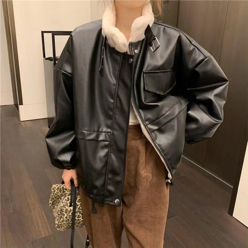  Winter Leather Jacket Korean Style Velvet Thickened Small Loose Stand Collar Motorcycle Wear PU Long Sleeve Jacket for Women