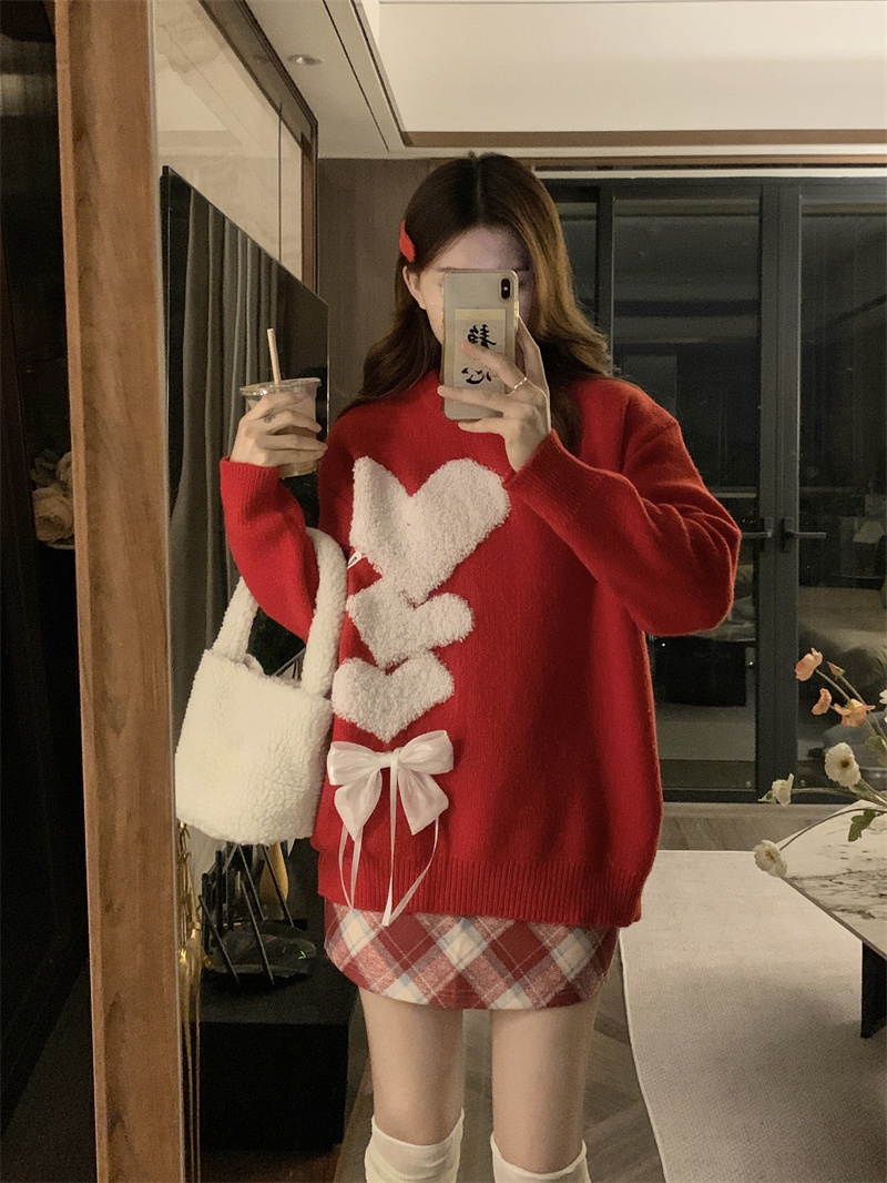 PF29746#大码女装春秋胖妹妹红色新年过年本命年爱心针织毛衣上衣女裝貨源服裝批發