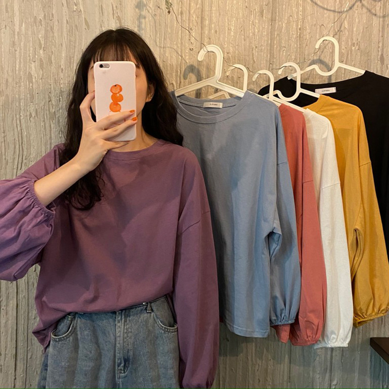 Autumn Korean style loose pullover student lantern sleeve long sleeve T-shirt women's solid color bottoming shirt trendy