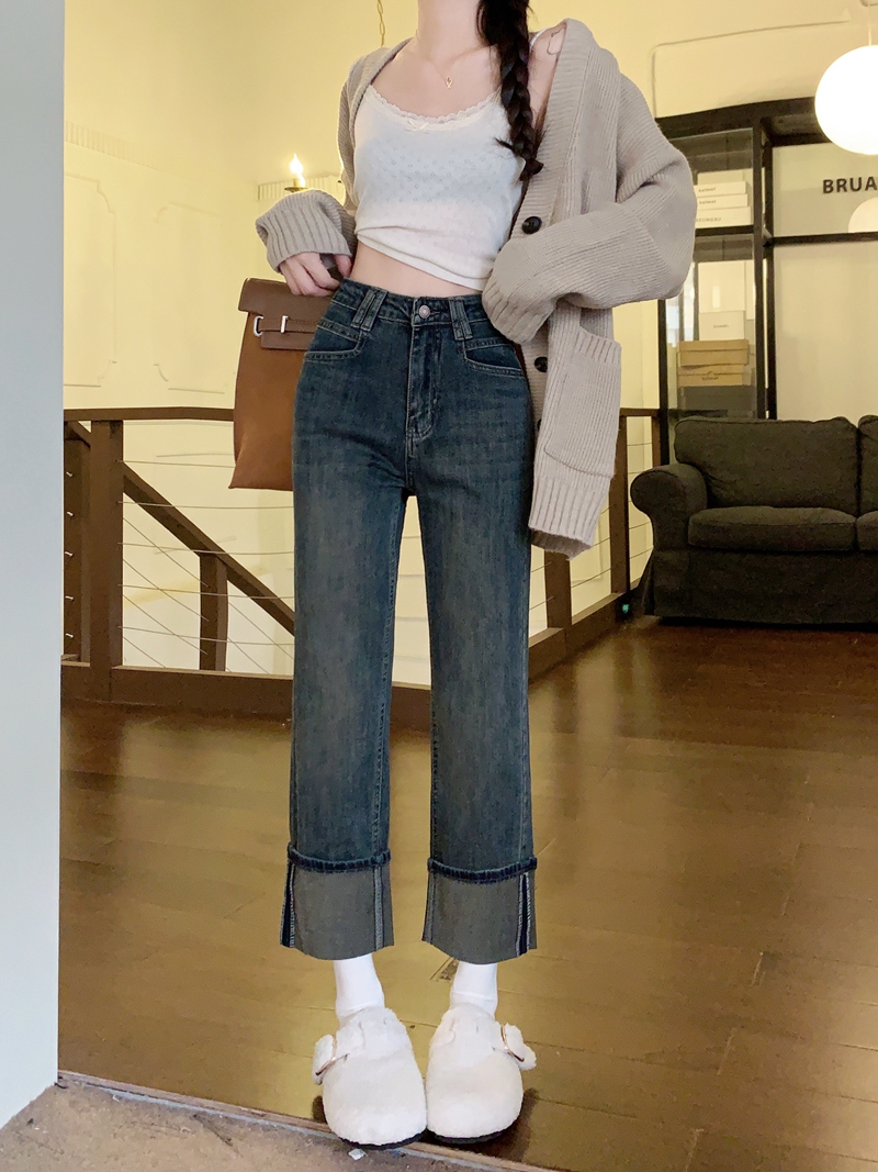 實拍#新款直筒牛仔褲女高腰設計感窄版闊腿九分翻邊褲子