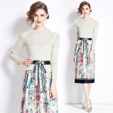 批发实拍秋冬新品时尚印花拼接针织<b class='q'>连衣裙</b>百褶裙女