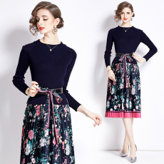 批发实拍秋冬新品时尚印花拼接针织<b class='q'>连衣裙</b>百褶裙女