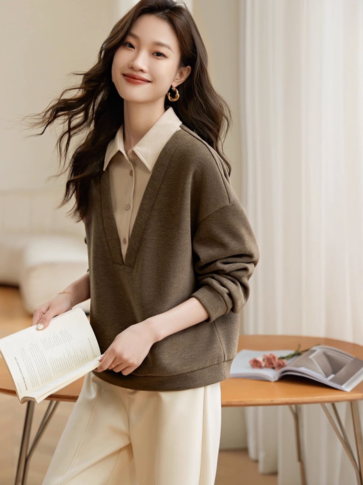 Shirt collar fake two-piece sweatshirt 2024 spring new style thickened warm twill brushed material splicing women