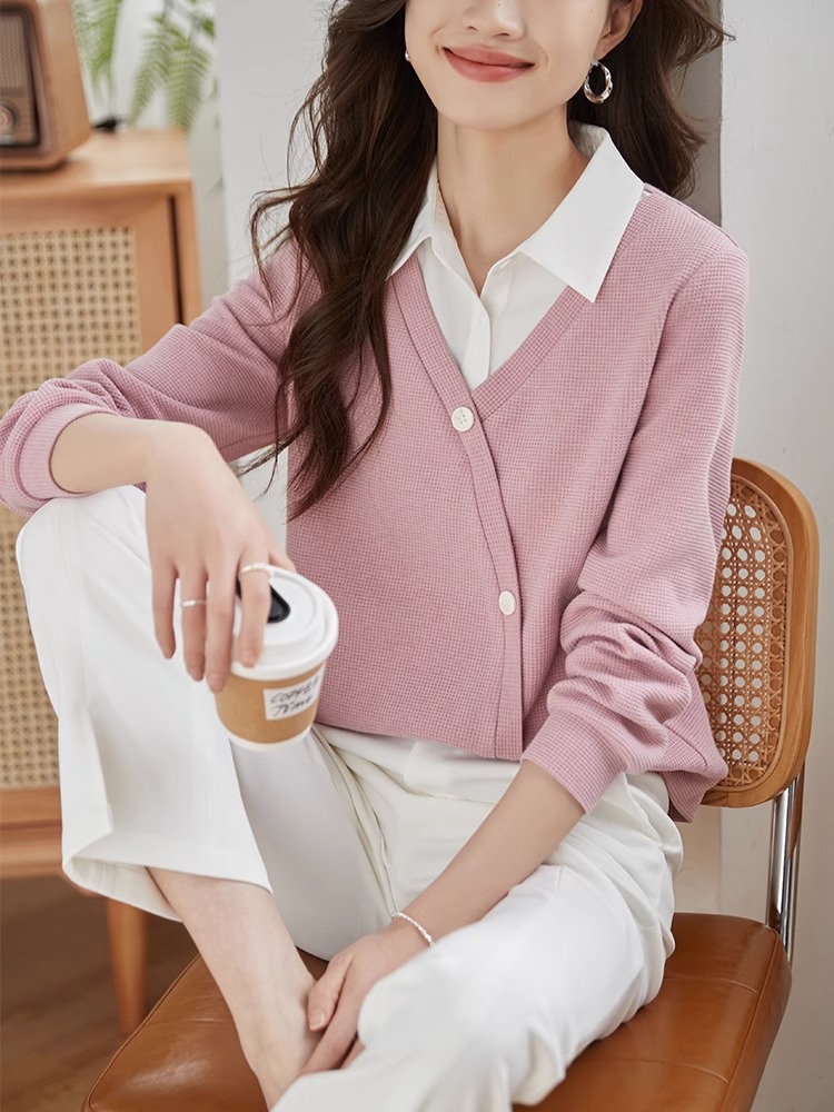 2024 spring new style stacking style shirt lapel stitching waffle sweatshirt fake two-piece fashion top