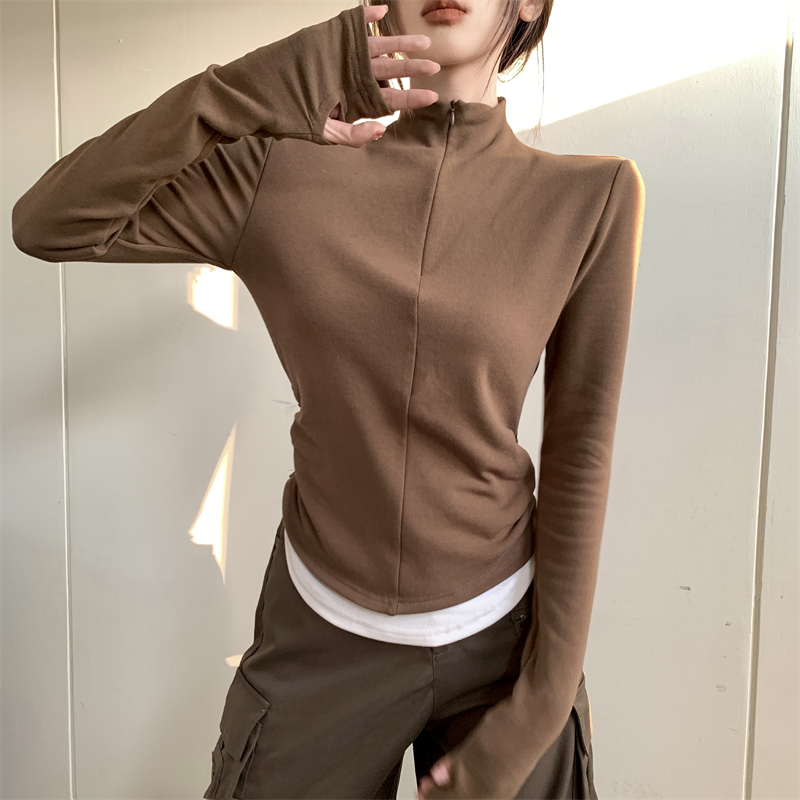 Real shot!  Stand collar zipper brown slim fit long sleeves with chic fake two-piece T-shirt