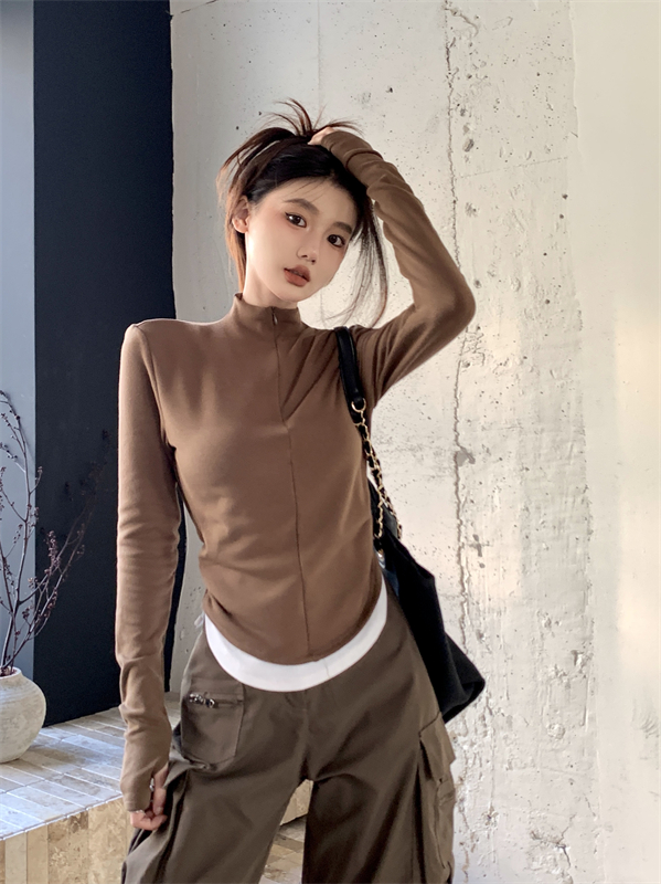 Real shot!  Stand collar zipper brown slim fit long sleeves with chic fake two-piece T-shirt