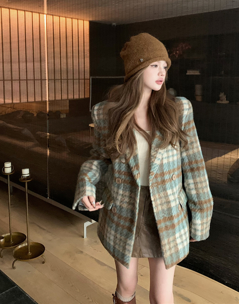 實拍秋冬復古格子西裝毛呢英倫風寬鬆加棉外套女