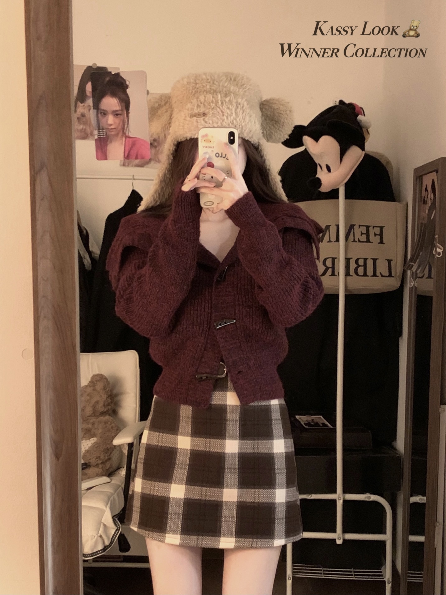 Actual shot ~ Retro plaid woolen A-line skirt, large lapel, horn button sweater, coat, sweater, cardigan