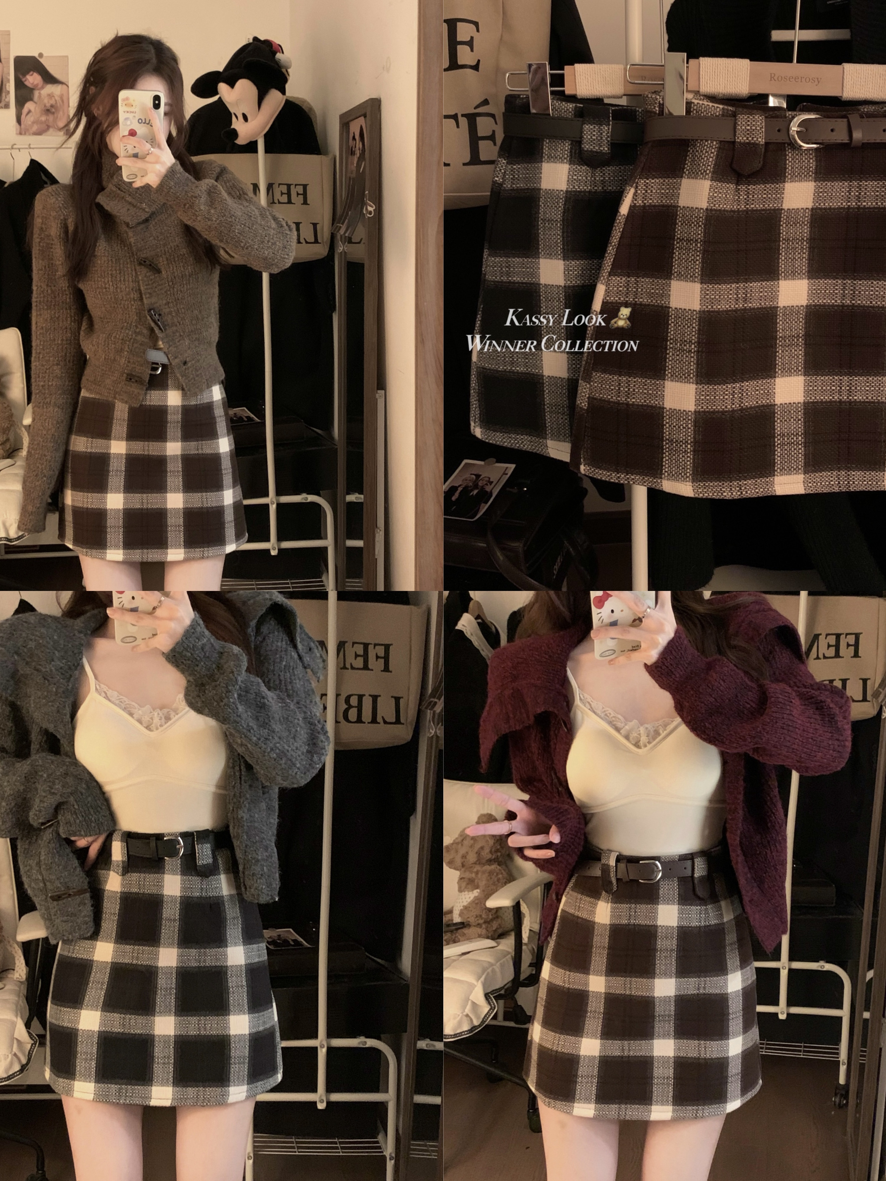 Actual shot ~ Retro plaid woolen A-line skirt, large lapel, horn button sweater, coat, sweater, cardigan