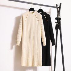 批发实拍大码女装2025冬新款针织连衣裙中高领显瘦配大衣打底毛衣裙子