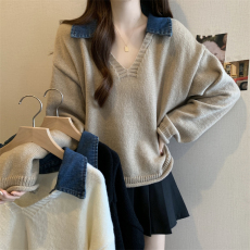 批发实拍～大码设计感小众套头毛衣拼接牛仔高级感卷边假两件针织上衣