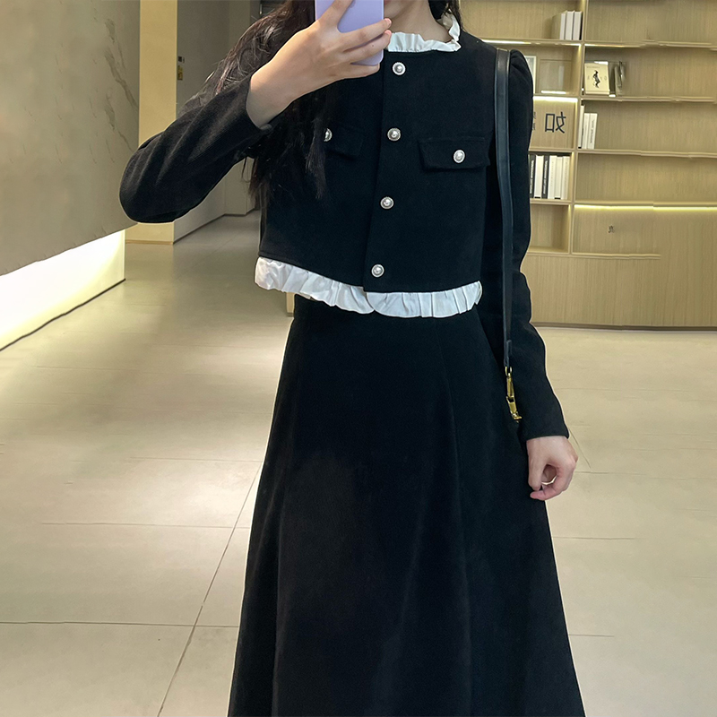 實拍秋裝搭配一整套2023新款黑色連衣裙兩件套裝小香赫本風高級感
