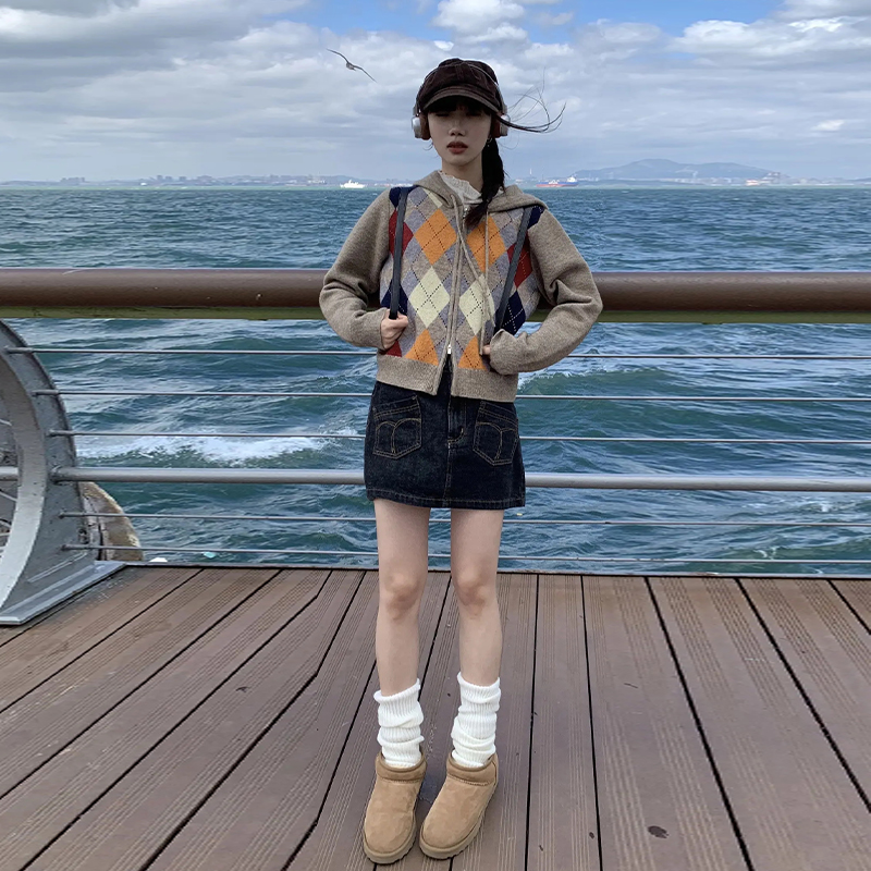 美式復古菱形毛衣開衫外套2023新款春秋季小個子針織衫長袖上衣女