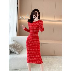 批发韩国圣诞红色条纹针织毛衣连衣裙女秋冬OL内搭打底中长款过膝长裙