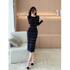 批发<b class='q'>韩国</b>小香风撞色条纹针织毛衣连衣裙修身OL包臀过膝长款外穿打底裙