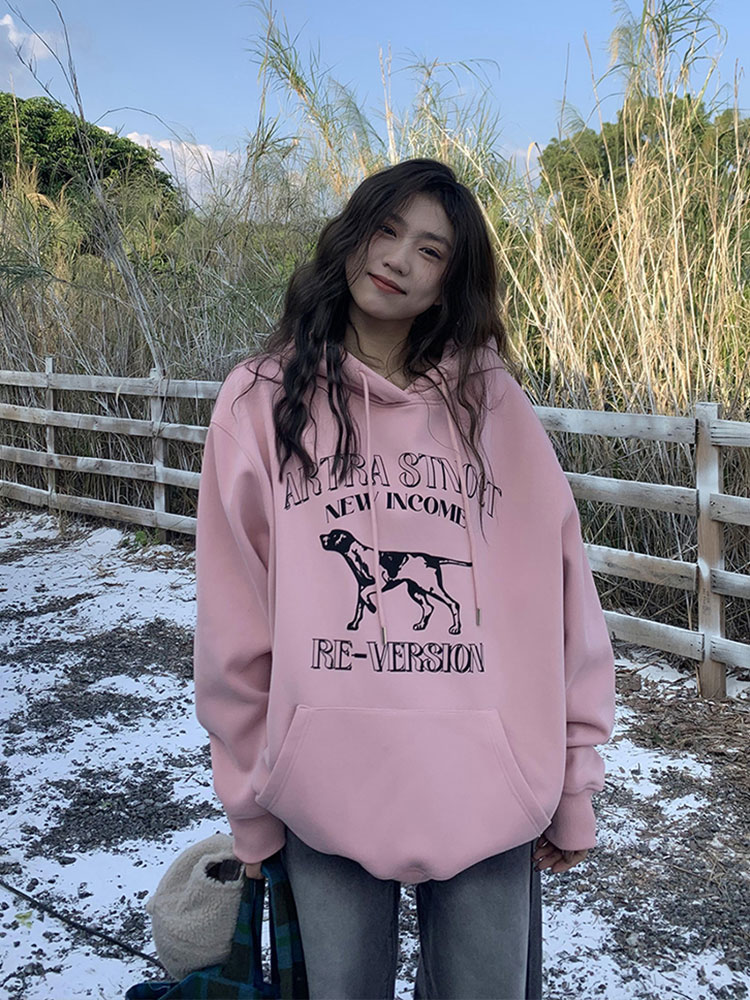 Where's the Orange Tree American Dachshund Printed Velvet Hooded Sweatshirt Women's Autumn and Winter Loose Lazy Versatile Hoodie