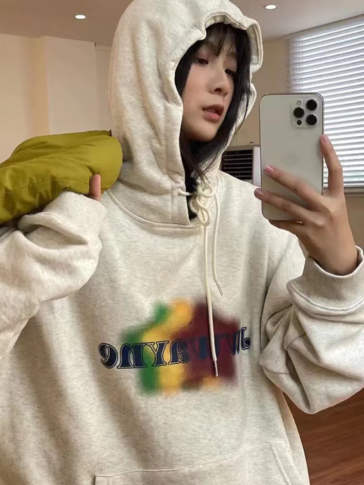 American fashion brand gray sweatshirt for women autumn oversize lazy style hooded jacket college style loose top trendy