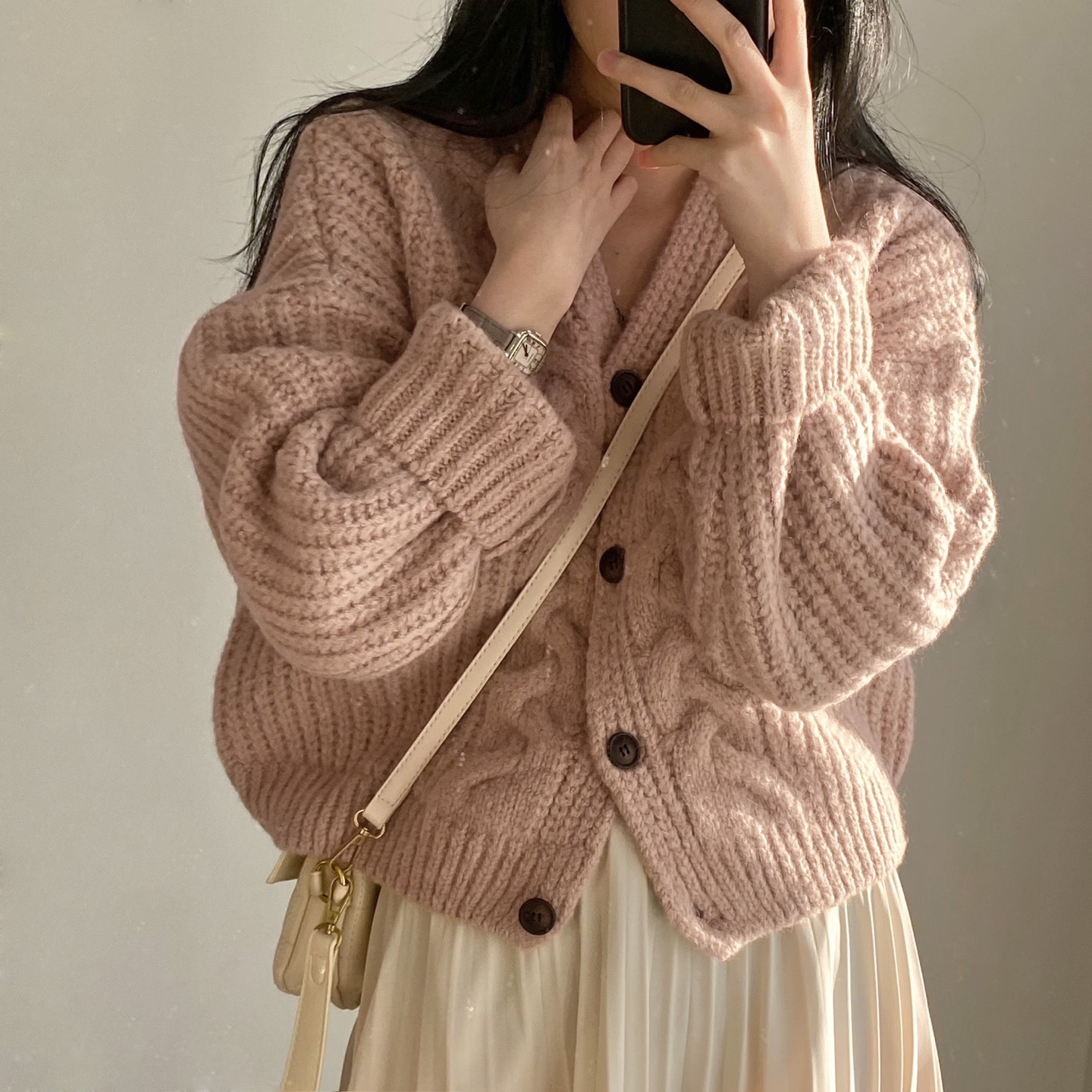 Autumn simple lazy style V-neck puff sleeves hemp pattern loose knitted cardigan sweater jacket for women