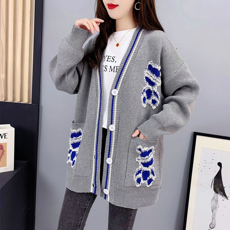 Korean style cartoon sweater cardigan for women  new autumn versatile loose lazy style knitted jacket