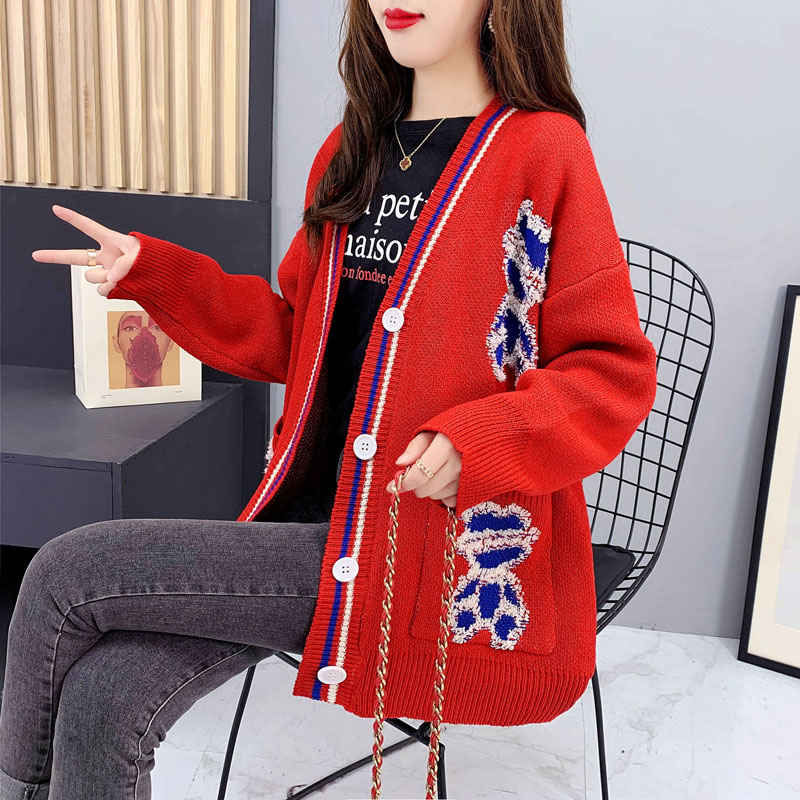 Korean style cartoon sweater cardigan for women  new autumn versatile loose lazy style knitted jacket