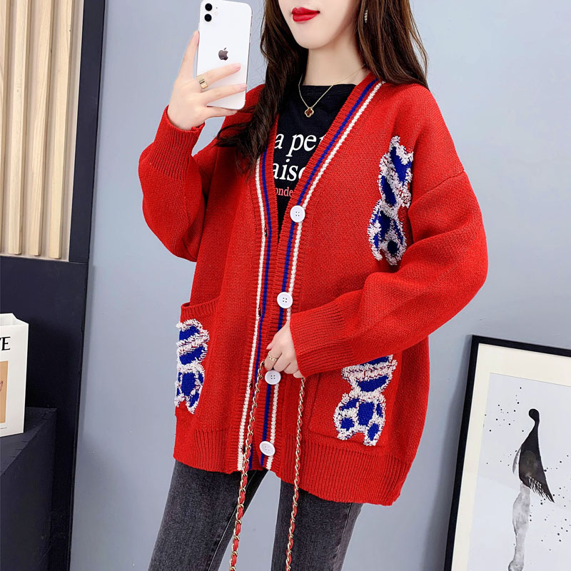 Korean style cartoon sweater cardigan for women  new autumn versatile loose lazy style knitted jacket