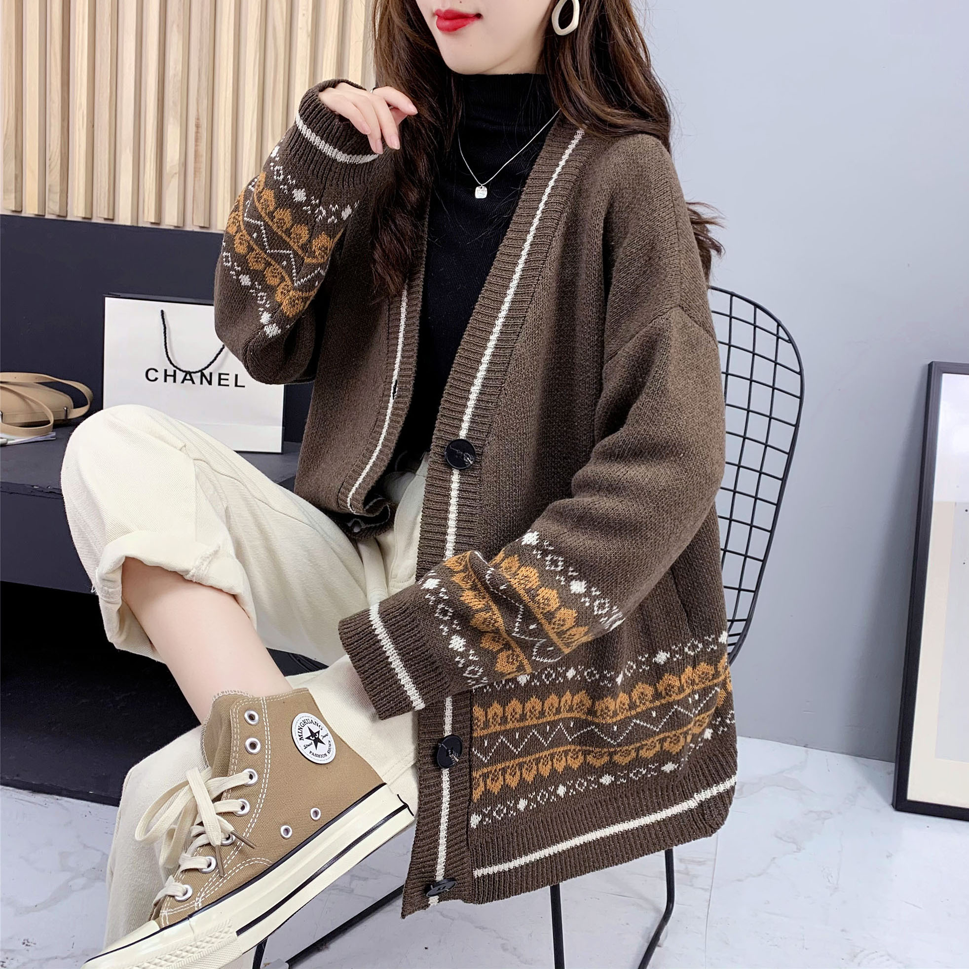 New V-neck loose outer wear Korean style autumn and winter cardigan sweater jacket women's mid-length style