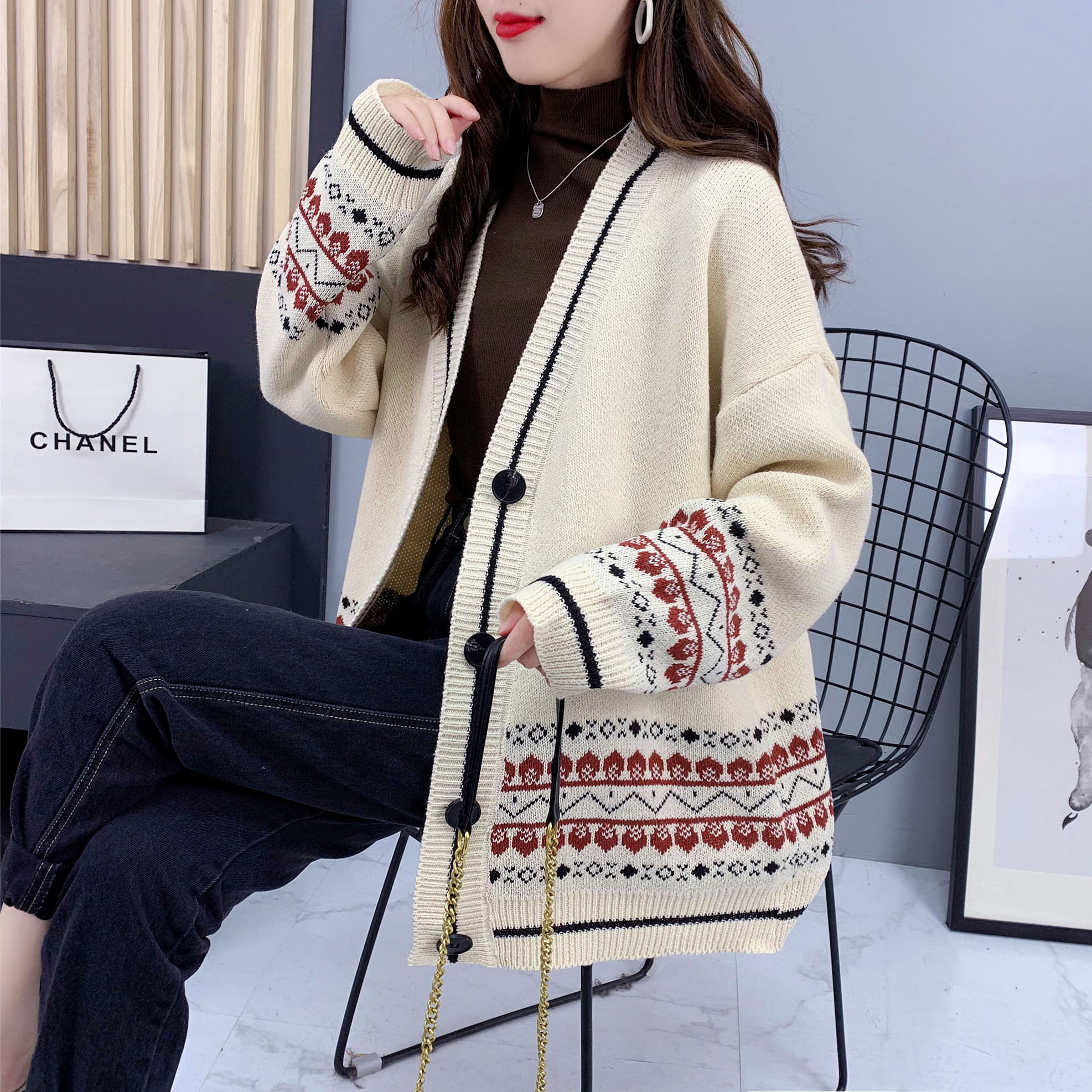 New V-neck loose outer wear Korean style autumn and winter cardigan sweater jacket women's mid-length style