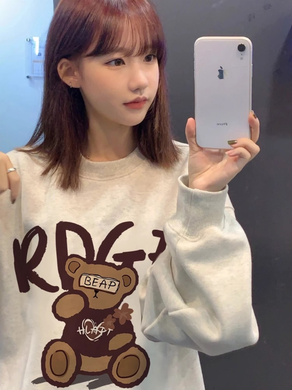 Korean style round neck sweatshirt for girls and older children in autumn and winter for 17-year-old junior high school and high school students plus velvet loose casual tops and jackets