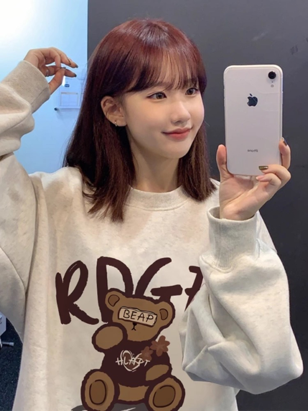 Korean style round neck sweatshirt for girls and older children in autumn and winter for 17-year-old junior high school and high school students plus velvet loose casual tops and jackets