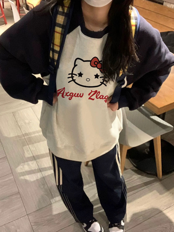 HelloKitty new autumn and winter American velvet raglan round neck sweatshirt women's jacket oversize trendy