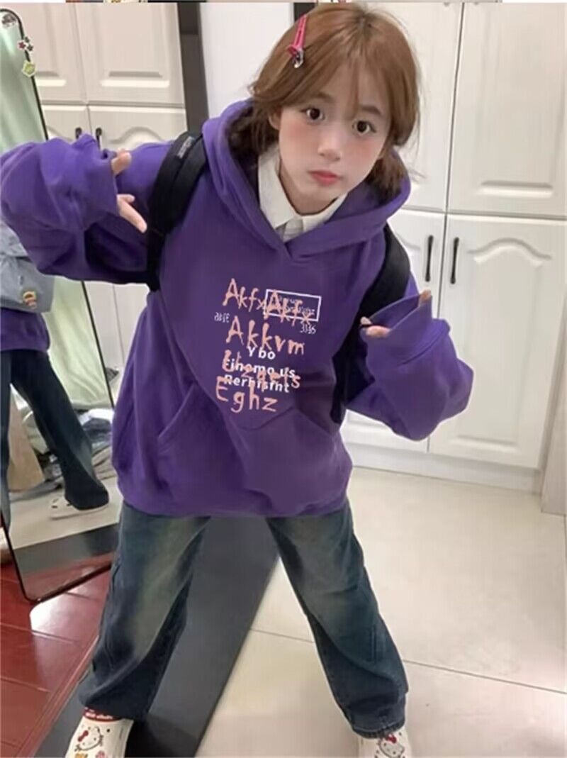 Autumn and winter American versatile purple hooded sweatshirt for women college style loose velvet thickened coat pocket outer top