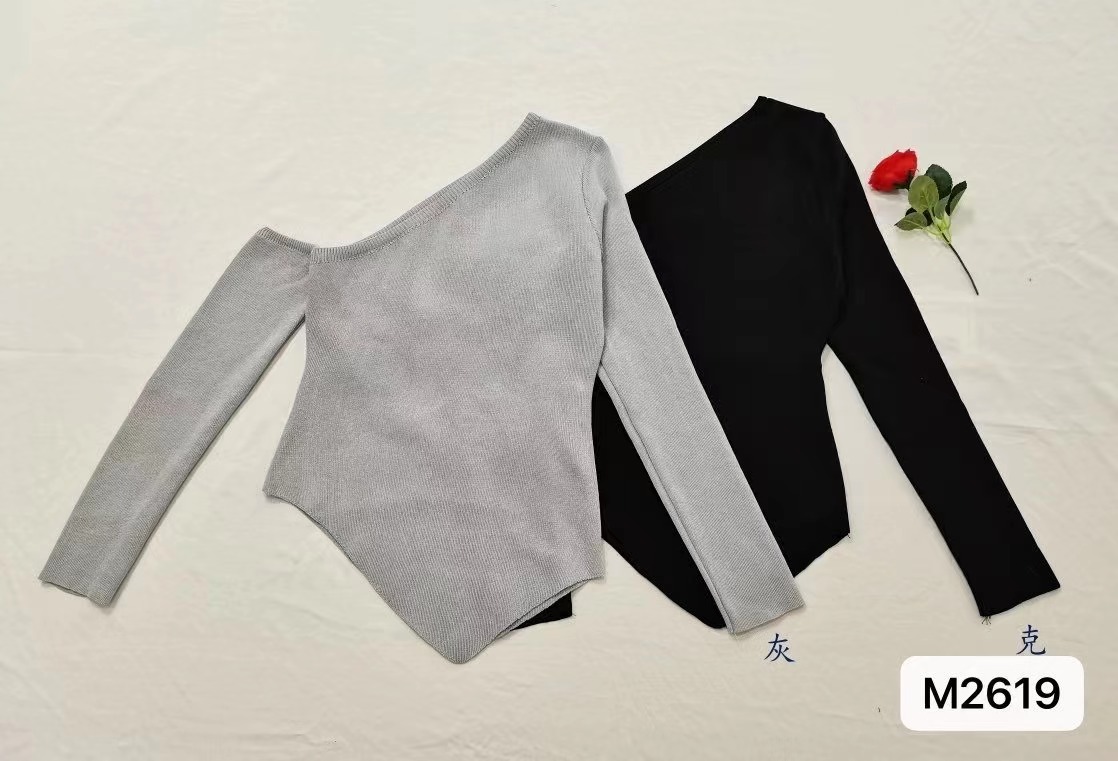 Sexy short one-shoulder long-sleeved women's autumn design irregular off-shoulder knitted all-match top for hot girls