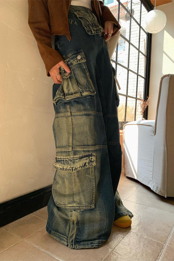 Real shot of autumn and winter American retro workwear high-waisted splicing washed white washed personalized jeans wide-leg pants