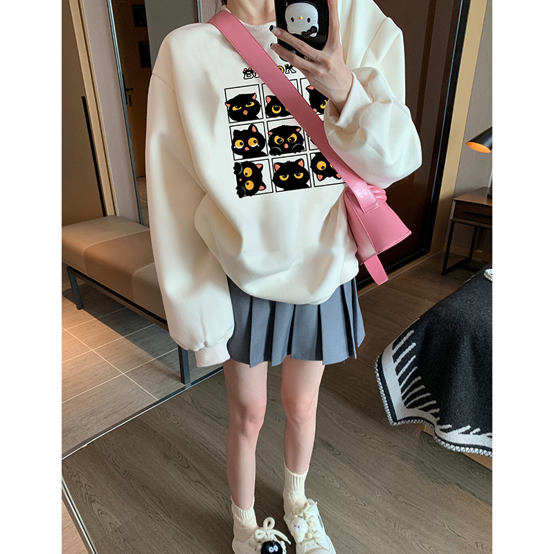 Autumn and winter plus velvet fun round-neck sweatshirt for women  new style foreign style age-reducing high-end sense super good-looking trendy tops