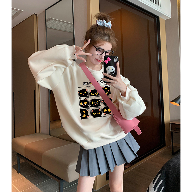 Autumn and winter plus velvet fun round-neck sweatshirt for women  new style foreign style age-reducing high-end sense super good-looking trendy tops